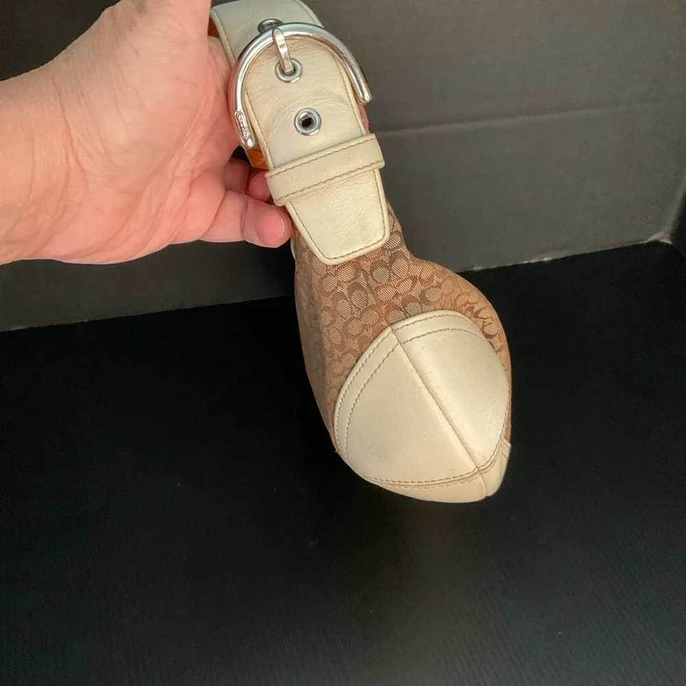 Vintage Coach 6351 signature jaquard khaki & white soho hobo canvas & leather